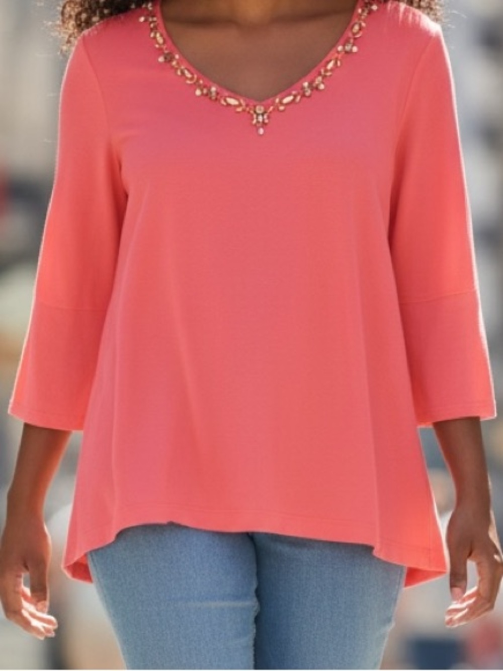 Ruby Rd. Vintage Coral Embellished Beaded V-Neck 3/4 Sleeve Soft Top SZ XL EUC
